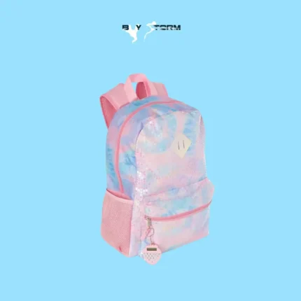 Girls’ Pastel Glitter Backpack with Keychain – Sparkly Tie-Dye School Bag